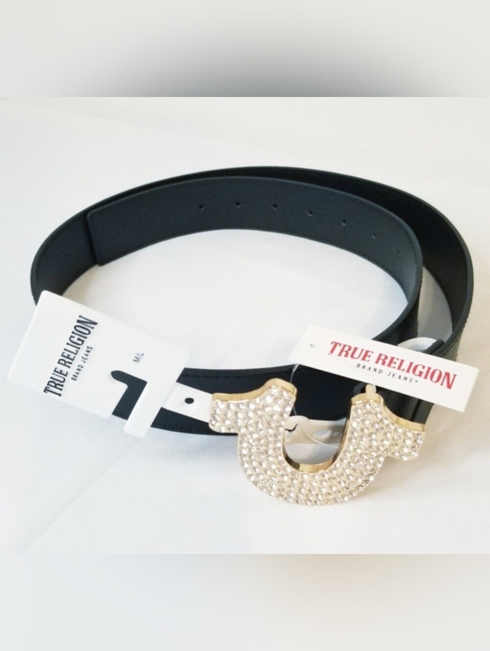 True Religion Black Belt Rhinestone Crystal-Embellished Gold Horseshoe Buckle